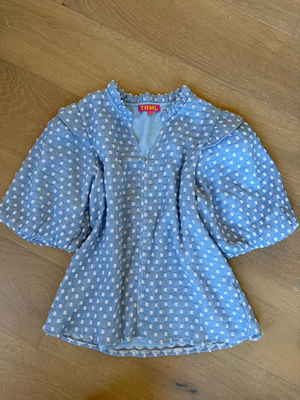 THML Powder Blue Swiss Dot Ruffle Neck Dress - Picture 1 of 10